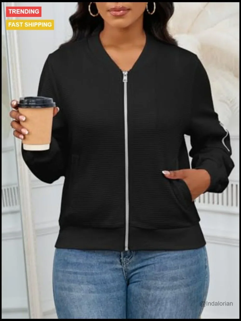 Full Zip Up Loose Long Sleeve Sweatshirt Coat Jacket with Pockets